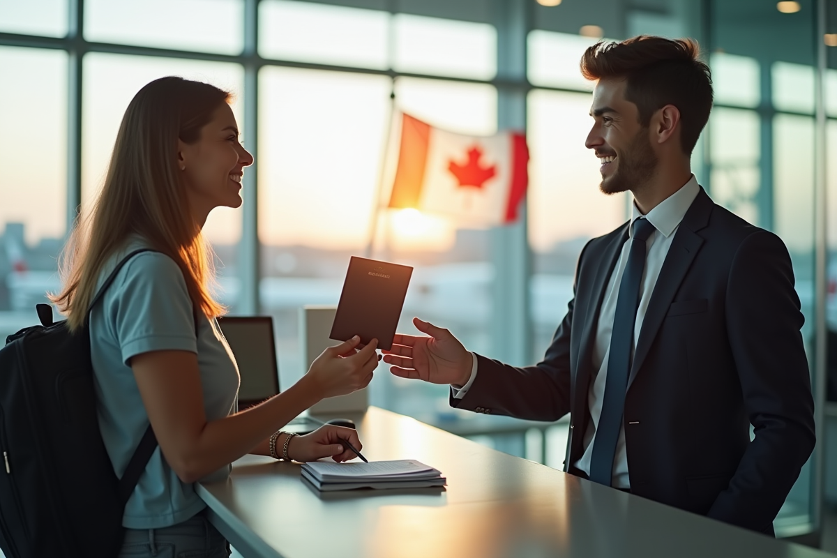 Voyageur heureux au poste de douane au Canada avec passeport