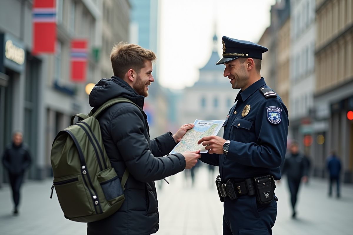 Voyageur avec sac à dos consultent une carte à Oslo avec un policier norvegien