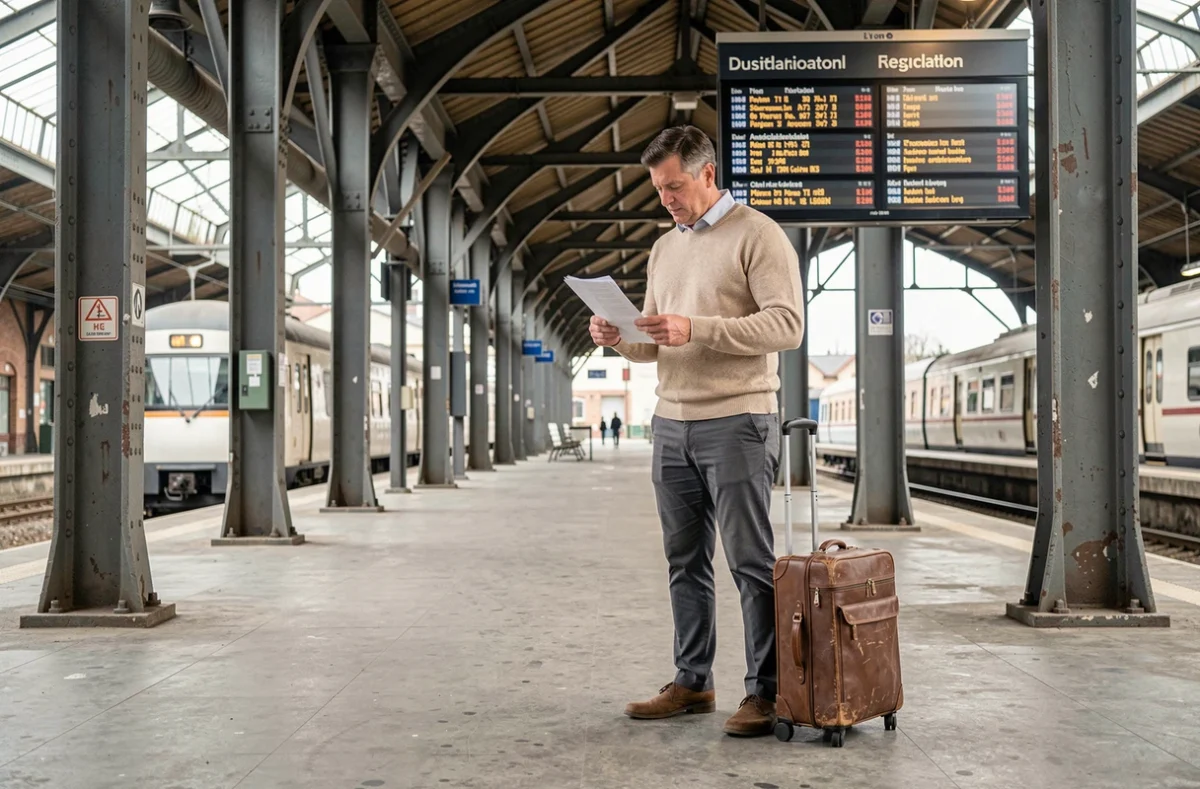 Voyageur responsable attendant son train avec un bagage compact dans une grande gare européenne