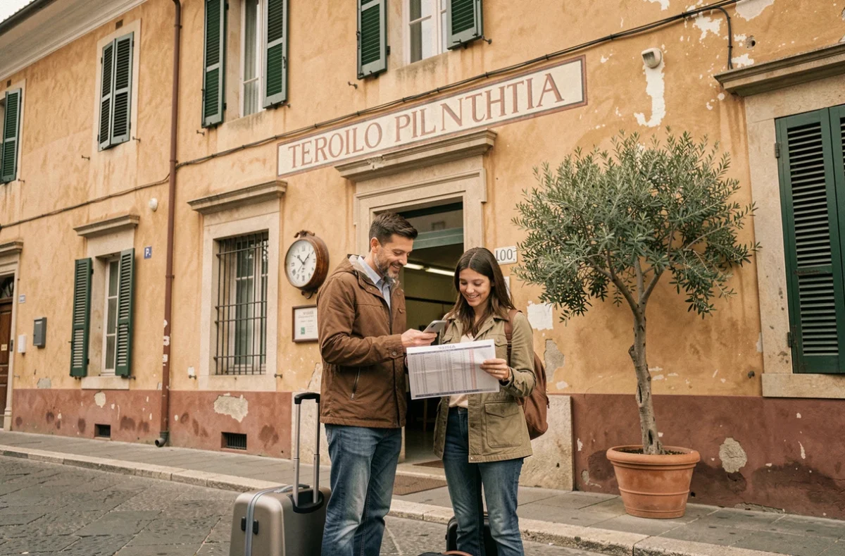 Couple de voyageurs consultant les horaires de train devant une gare italienne pittoresque