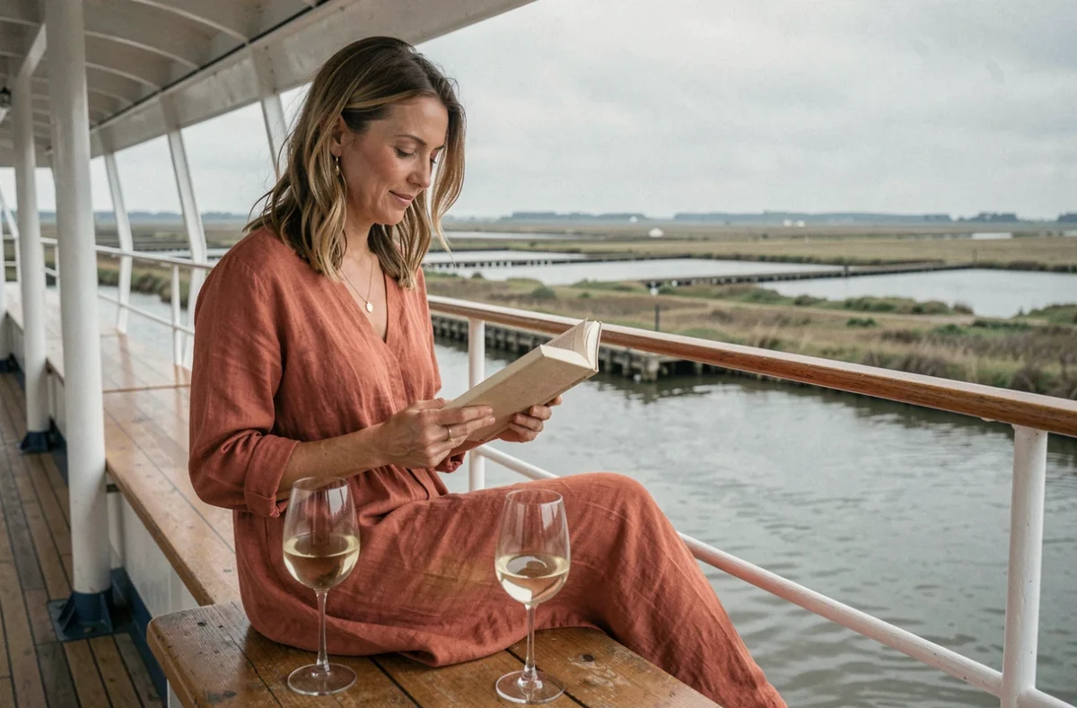 Femme voyageant seule en croisière sur l'estuaire de la Gironde en lisant sur le pont du bateau