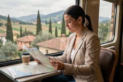 Voyageuse consultant une carte de train dans un compartiment avec vue sur la campagne italienne