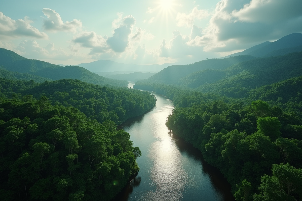 Vue aérienne de la rivière Amazon dans la jungle dense
